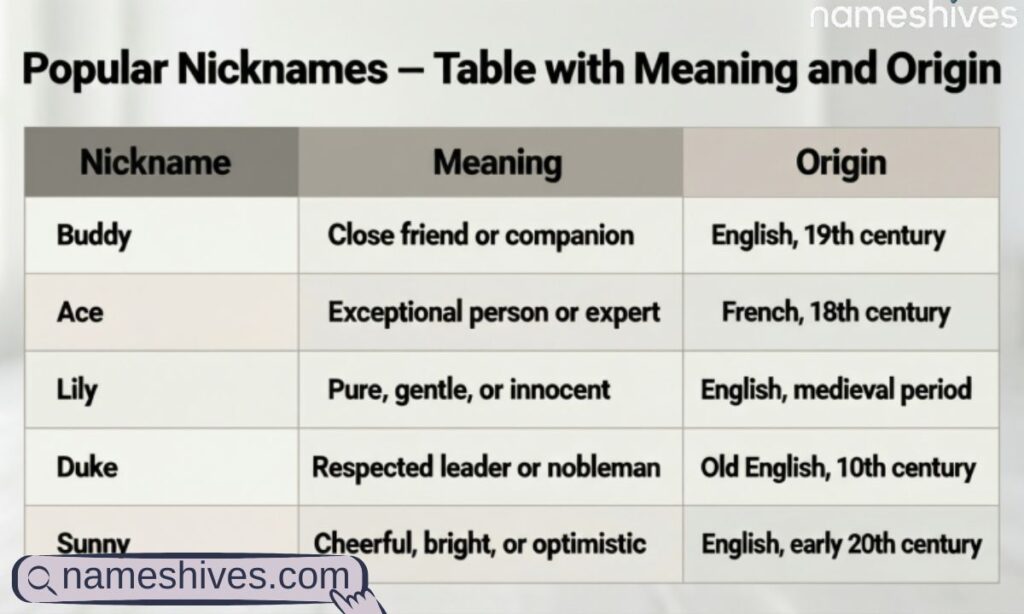 Popular Nicknames – Table with Meaning and Origin